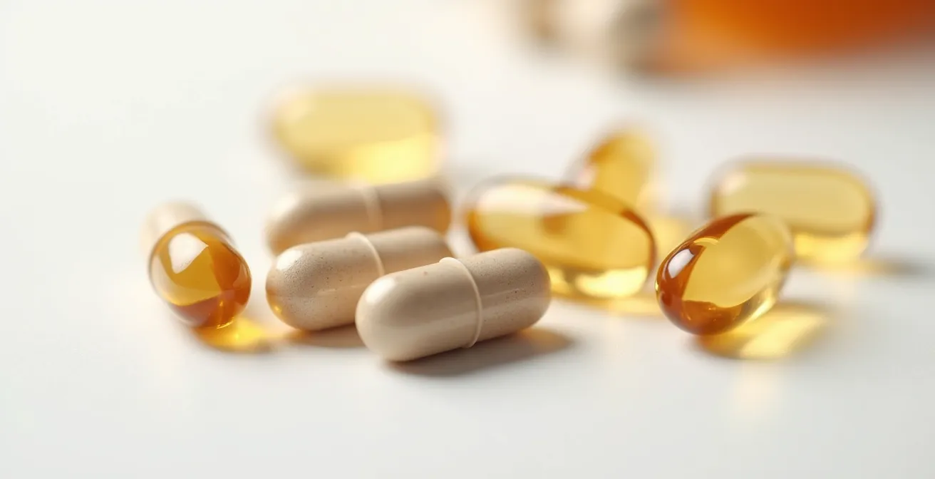Photo conceptuelle de capsules de collagène et vitamine C sur fond blanc épuré avec lumière naturelle, texture fine et ombres douces