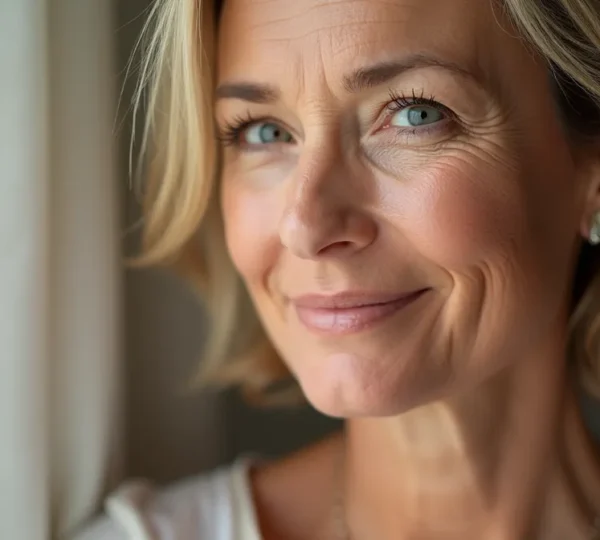 Portrait d'une femme d'âge moyen avec une peau lisse, lumineuse et jeune, dans un cadre naturel épuré avec un espace négatif, lumière douce et bokeh naturel.