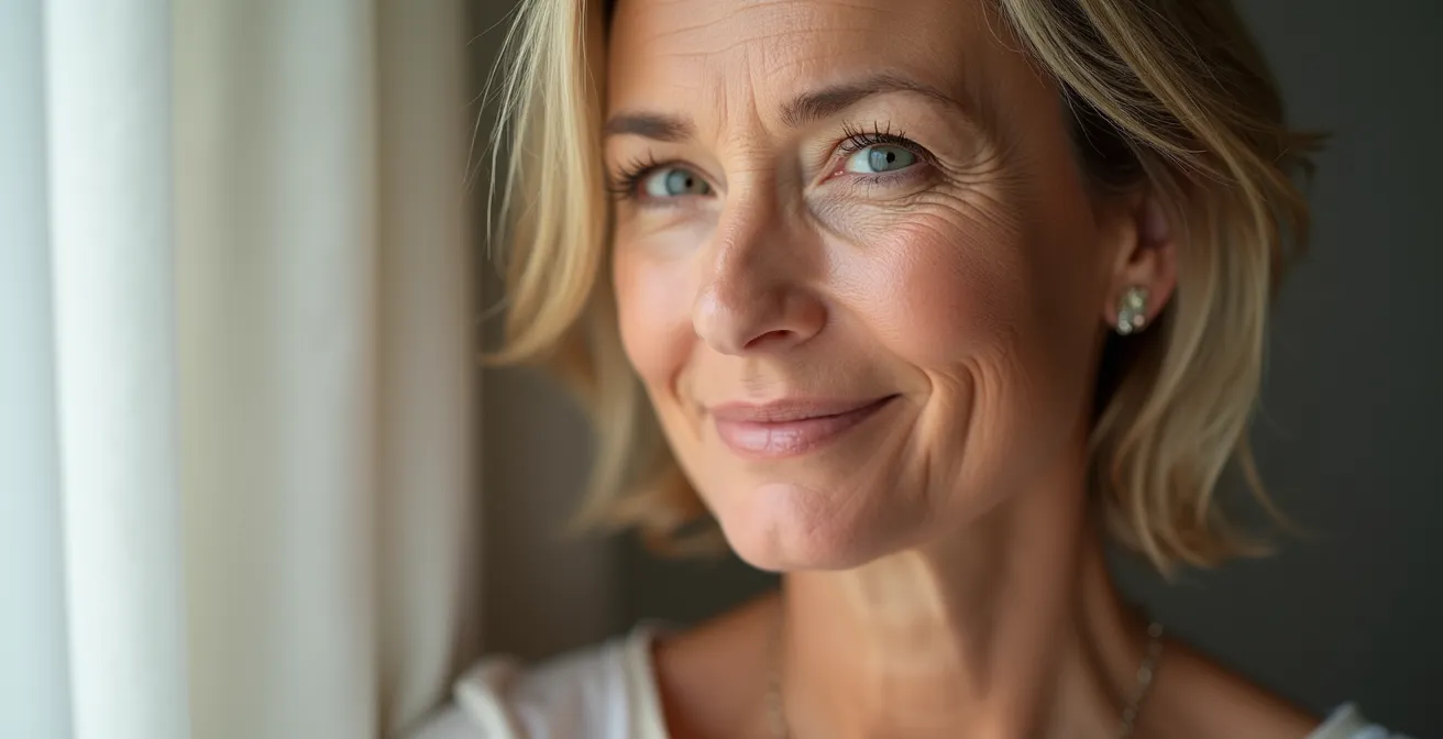 Portrait d'une femme d'âge moyen avec une peau lisse, lumineuse et jeune, dans un cadre naturel épuré avec un espace négatif, lumière douce et bokeh naturel.