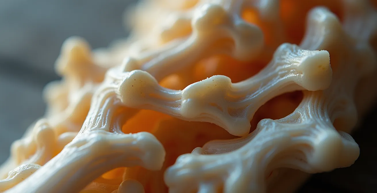 Photo macro d'une structure osseuse et tissus conjonctifs en lumière douce avec textures naturelles