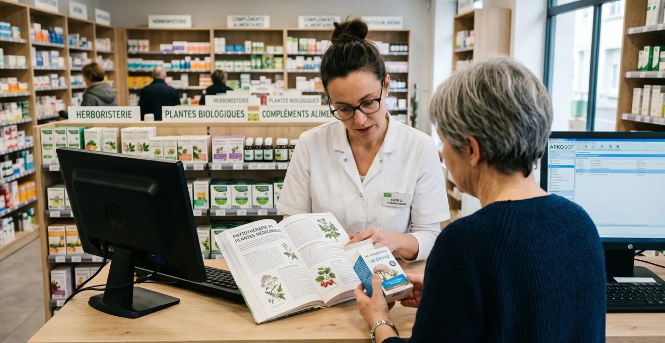 Pharmacienne en blouse blanche consultant un ouvrage de référence phytothérapie sur comptoir de pharmacie moderne, face à une patiente tenant une boîte de complément végétal, lumière naturelle douce