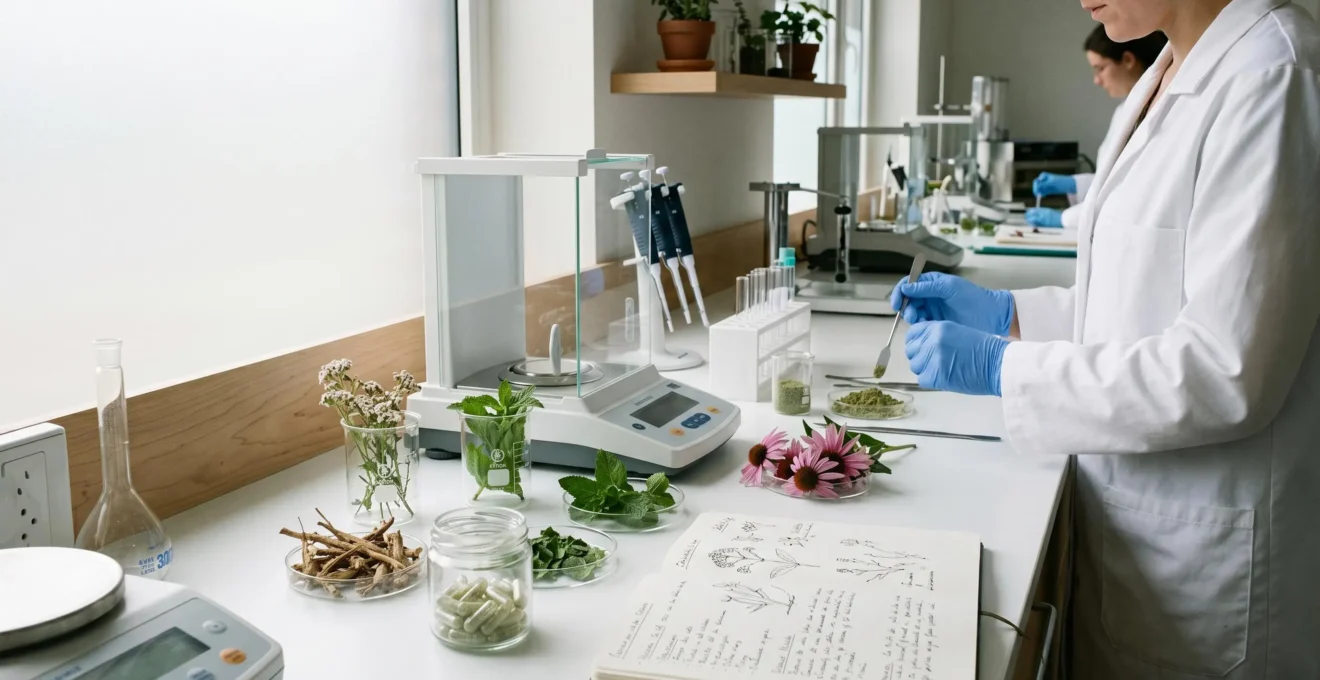 Plan de travail de laboratoire pharmaceutique avec plantes médicinales fraîches (valériane, menthe, échinacée) disposées à côté d'instruments de mesure, gélules transparentes et cahier de notes botaniques sur surface blanche