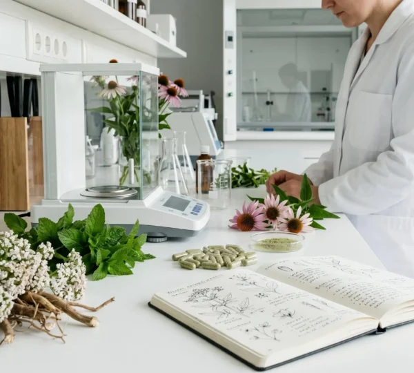 Plan de travail de laboratoire pharmaceutique avec plantes médicinales fraîches (valériane, menthe, échinacée) disposées à côté d'instruments de mesure, gélules transparentes et cahier de notes botaniques sur surface blanche