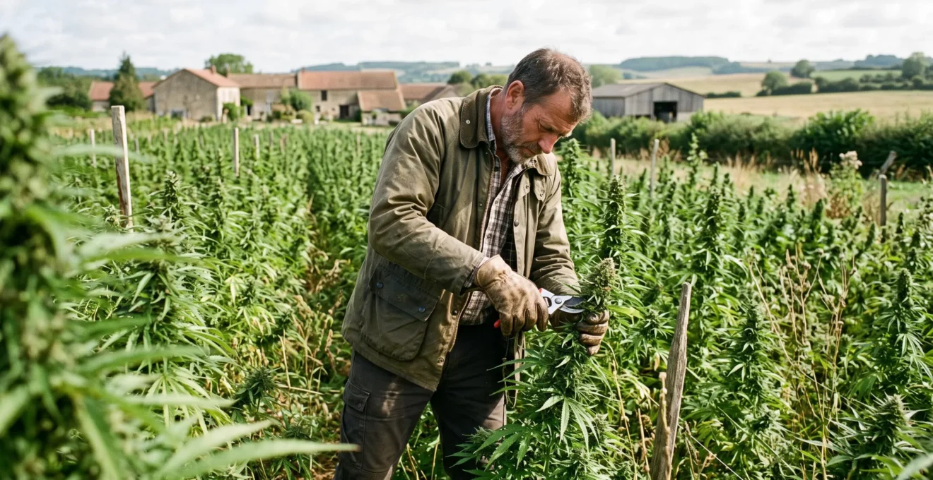 Un cultivateur examine une fleur de chanvre mûre dans un champ de chanvre en plein air, en France, lors d'une récolte.