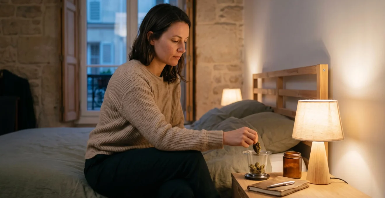 Une femme dépose une fleur de CBD séchée dans un infuseur en verre posé sur une table de chevet, dans une chambre éclairée en fin de journée.