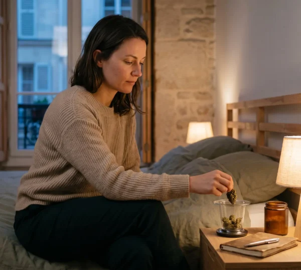 Une femme dépose une fleur de CBD séchée dans un infuseur en verre posé sur une table de chevet, dans une chambre éclairée en fin de journée.