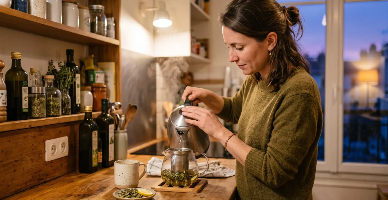 Une femme verse de l'eau chaude dans une théière en verre contenant un infuseur de fleurs de CBD, dans une cuisine en soirée.